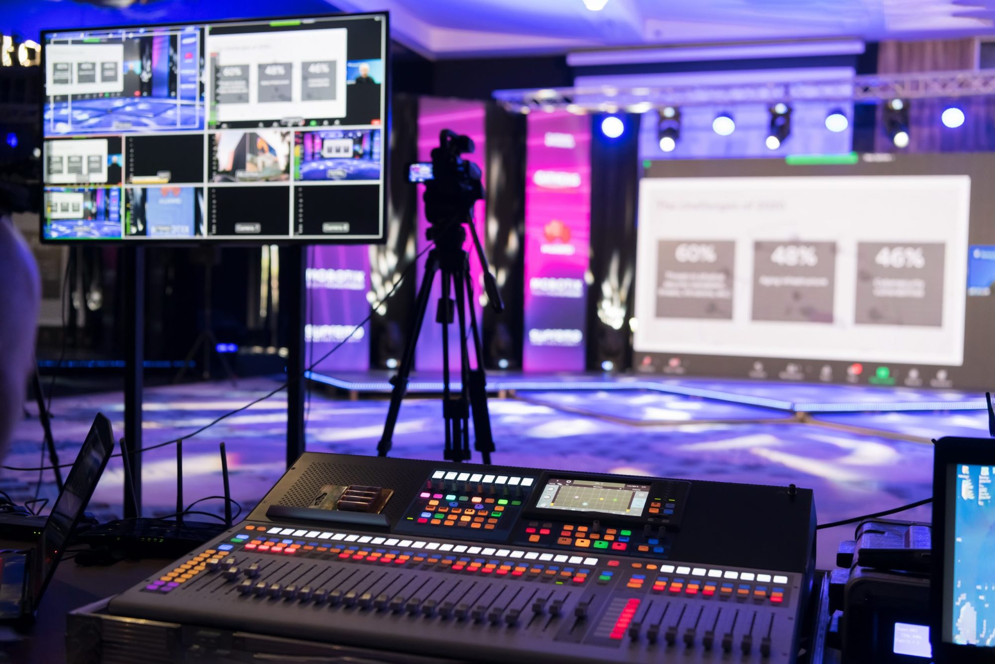 Live internet streaming of business conference meeting, presenter joining a seminar via video conference call in empty convention center. Online webinar or seminar via social network broadcast in new normal, covid outbreak,e-learning.